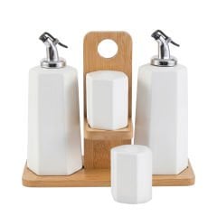 Bambu Standlı Porselen Yağlık Tuzluk ve Baharatlık