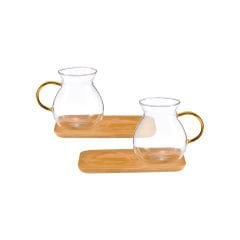 4 Parça Bambu Tabaklı Cam Çay Seti - 220 ml