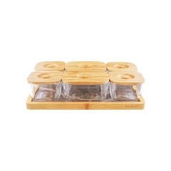 13 Parça Bambu Kapaklı ve Tepsili Cam Kahvaltılık Set
