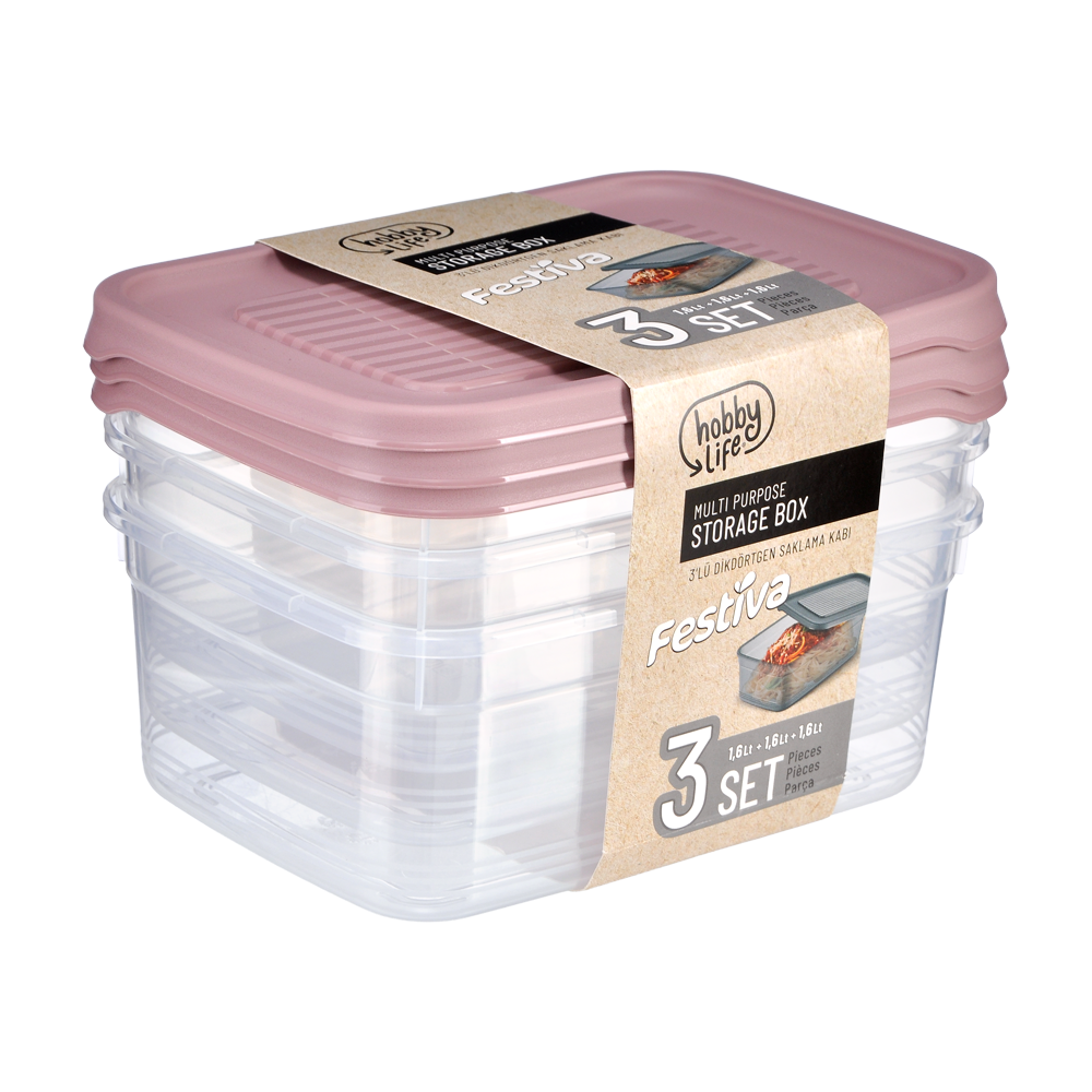 Plastik Dikdörtgen 3'lü Set Saklama Kabı - 1600 ml