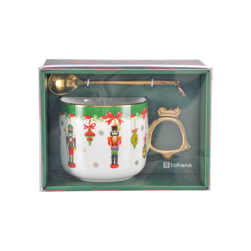 Yılbaşı Kupa Porselen Kaşıklı Yaldızlı - 330 ml