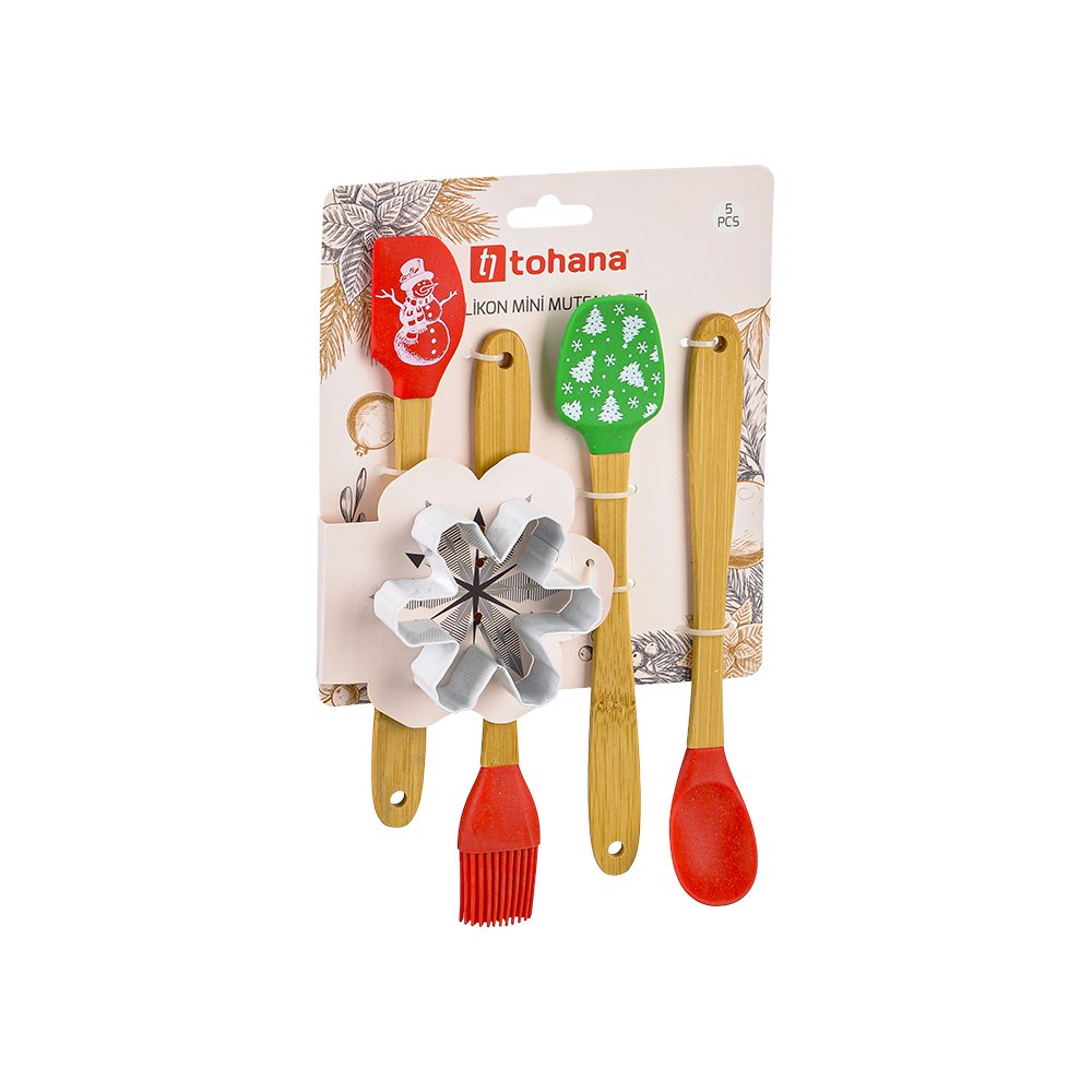 5 Parça Yılbaşı Desenli Silikon Mutfak Seti Kar Tanesi
