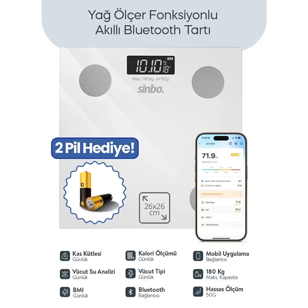 Dijital Baskül - Yağ Ölçer Fonksiyonlu Akıllı Bluetooth Tartı - SBS - 4474