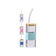 Pipetli Cam Bardak Kare Bambu kapaklı (400 ml)