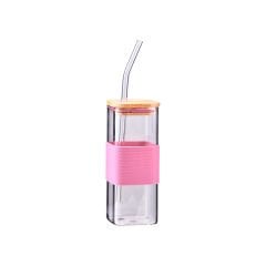 Pipetli Cam Bardak Kare Bambu kapaklı (400 ml)
