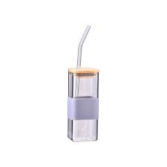 Pipetli Cam Bardak Kare Bambu kapaklı (400 ml)