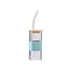 Pipetli Cam Bardak Kare Bambu kapaklı (400 ml)