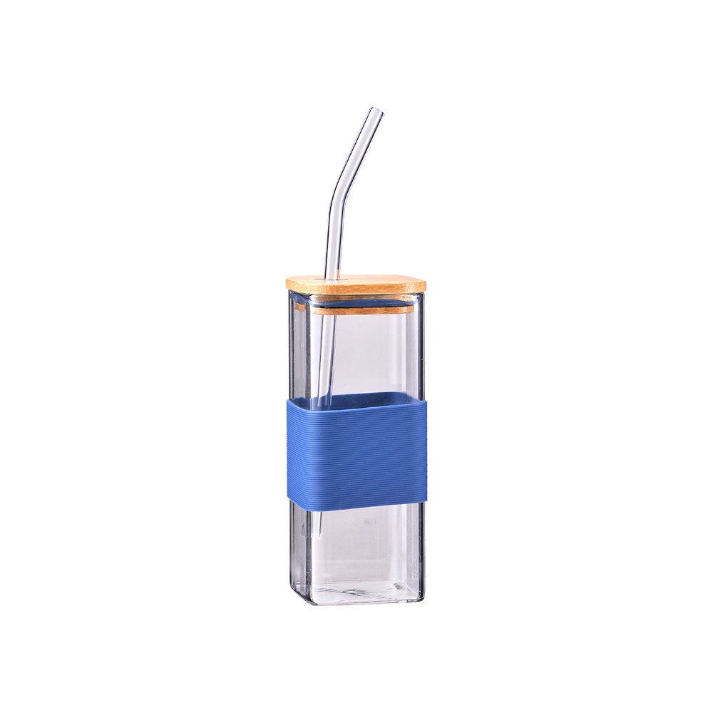 Pipetli Cam Bardak Kare Bambu kapaklı (400 ml) Lacivert