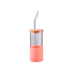 Pipetli Cam Bardak Bambu Kapaklı - 400 ml