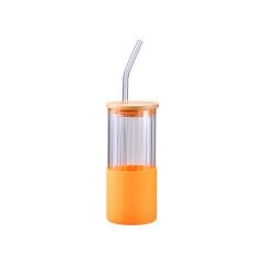 Pipetli Cam Bardak Bambu Kapaklı - 400 ml