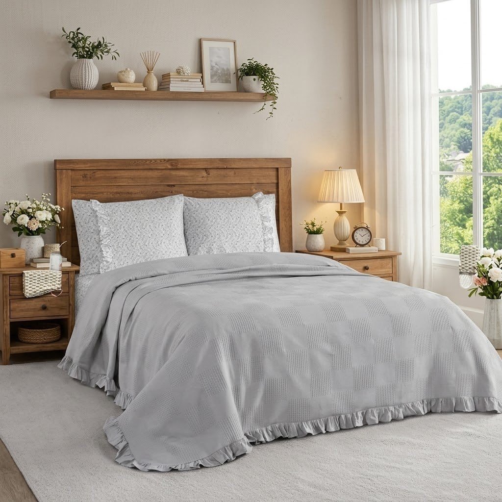 Fırfırlı Çift Kişilik Pike Takımı - 200X230 Gri
