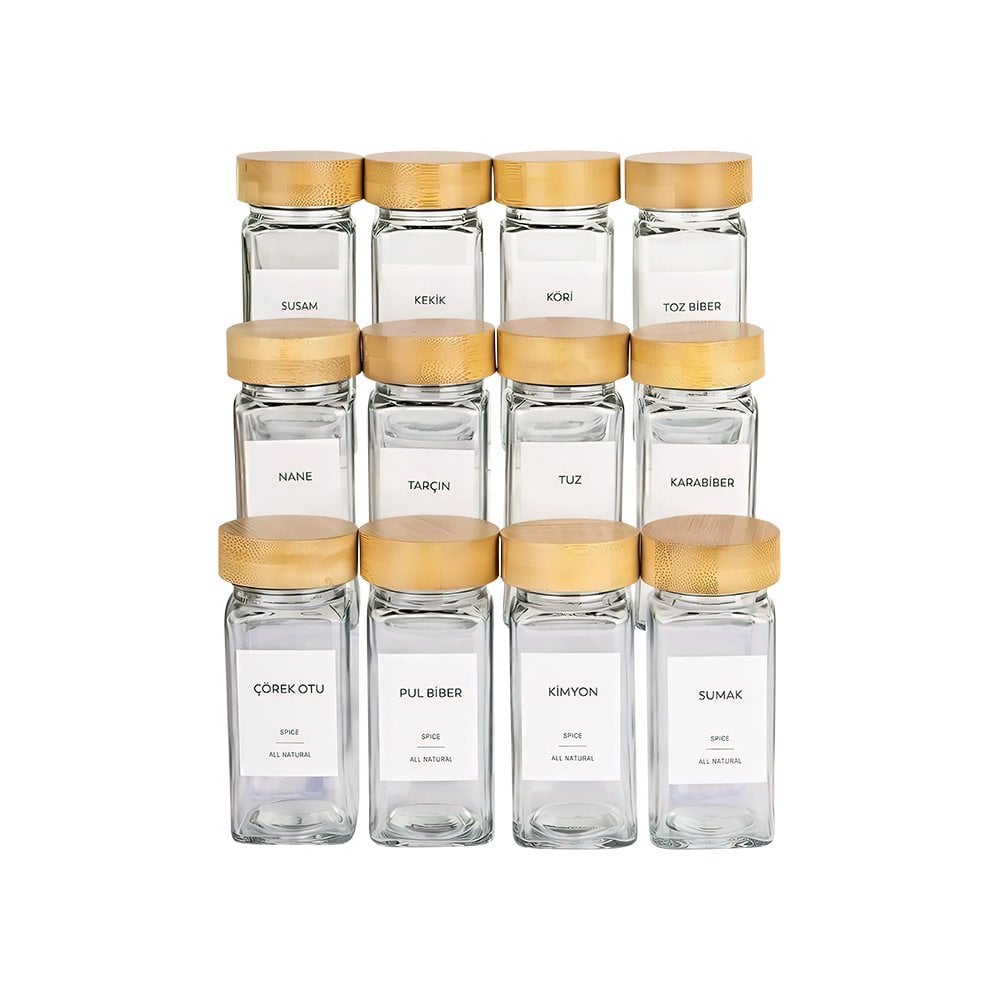 12'li Bambu Kapaklı Cam Baharatlık Seti