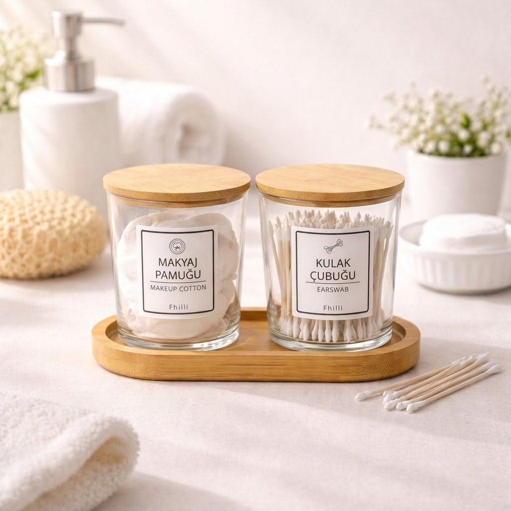 2'li Bambu Kapaklı Standlı Banyo Cam Kavanoz Seti - Carlin - 350 cc