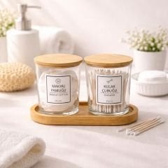 2'li Bambu Kapaklı Standlı Banyo Cam Kavanoz Seti - Carlin - 350 cc