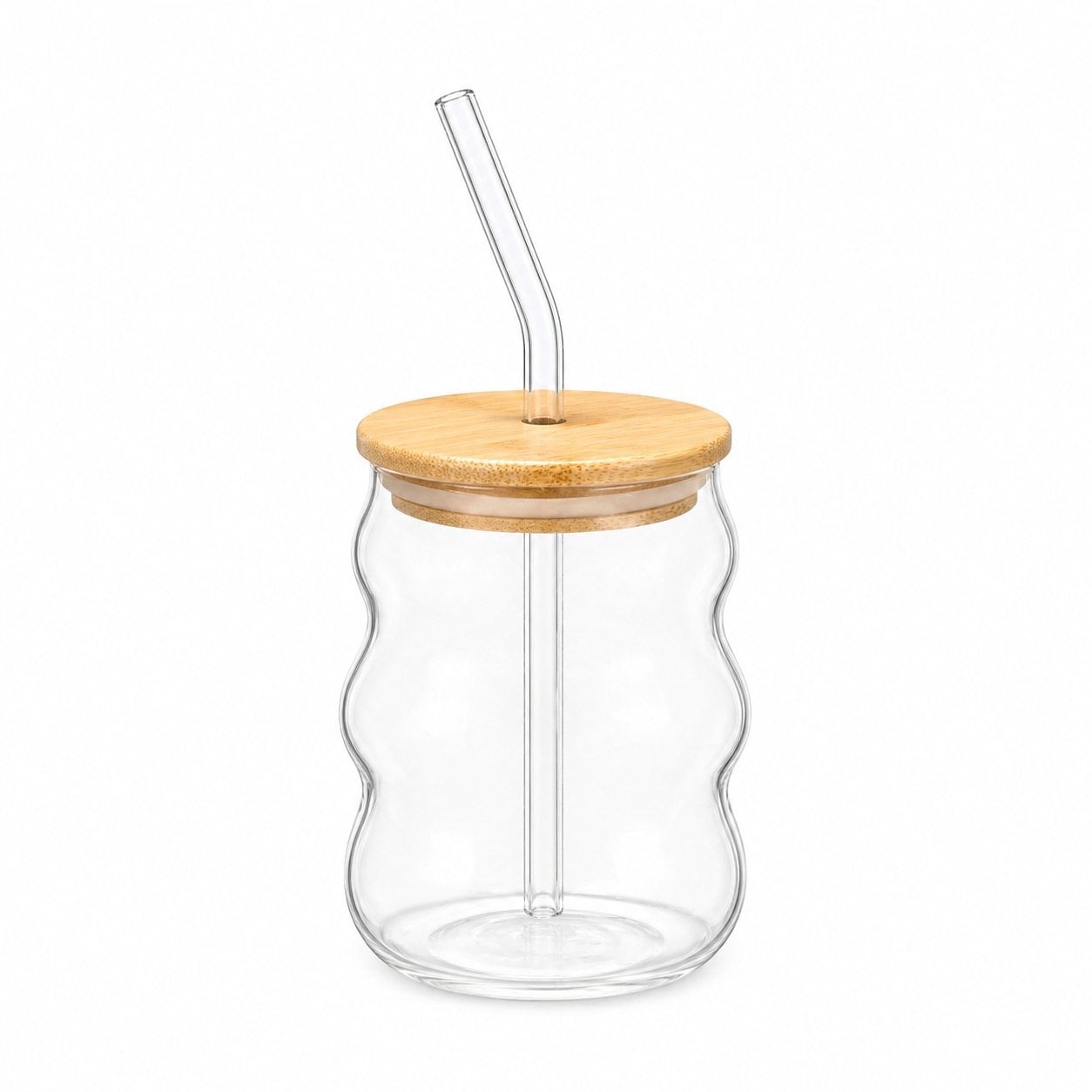 Bambu Kapaklı Pipetli Cam Bardak - 450 ml