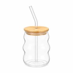 Bambu Kapaklı Pipetli Cam Bardak - 450 ml