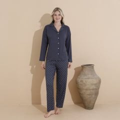 Kadın Pijama Takım Uzun Kol Önden Düğmeli Koyu Mavi - S-M