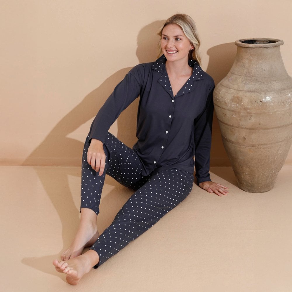 Kadın Pijama Takım Uzun Kol Önden Düğmeli Koyu Mavi - XL