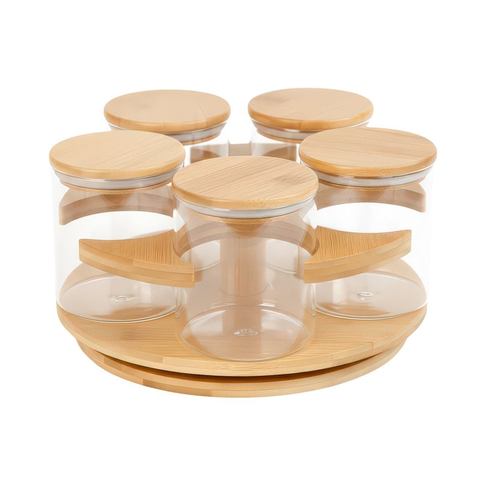 5'li Cam Dönen Bambu Standlı Baharatlık Seti - 350 cc