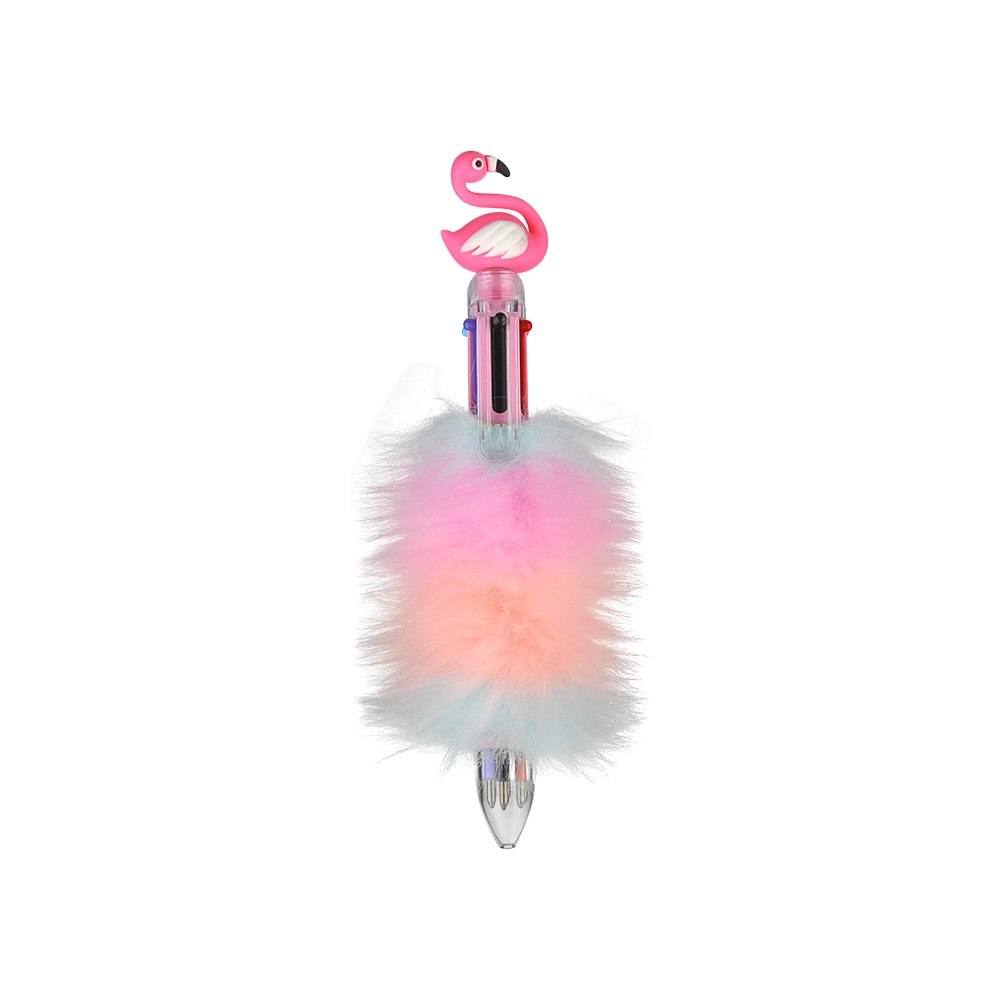 6 Renkli Tükenmez Kalem - Tüylü Flamingo Pembe