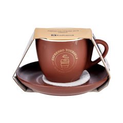 Tabaklı Porselen Kahve Fincanı - 200 ml Koyu Kahverengi