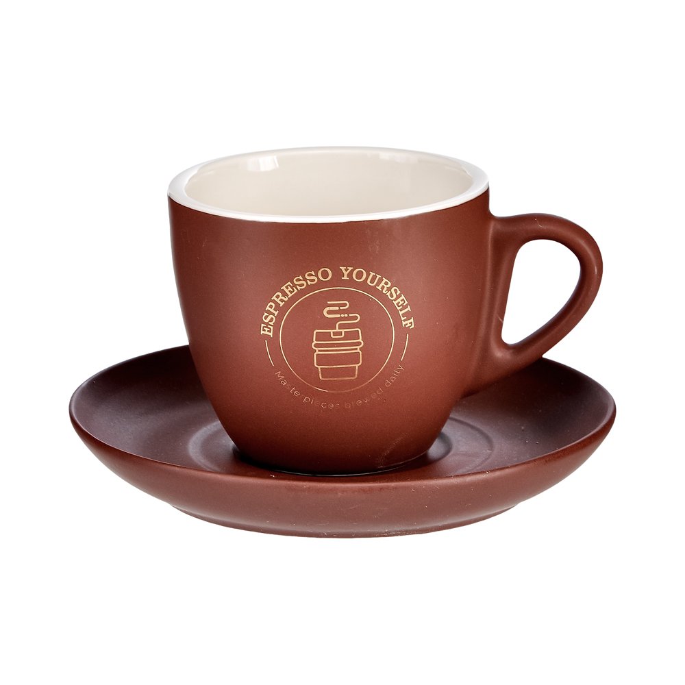 Tabaklı Porselen Kahve Fincanı - 200 ml Koyu Kahverengi