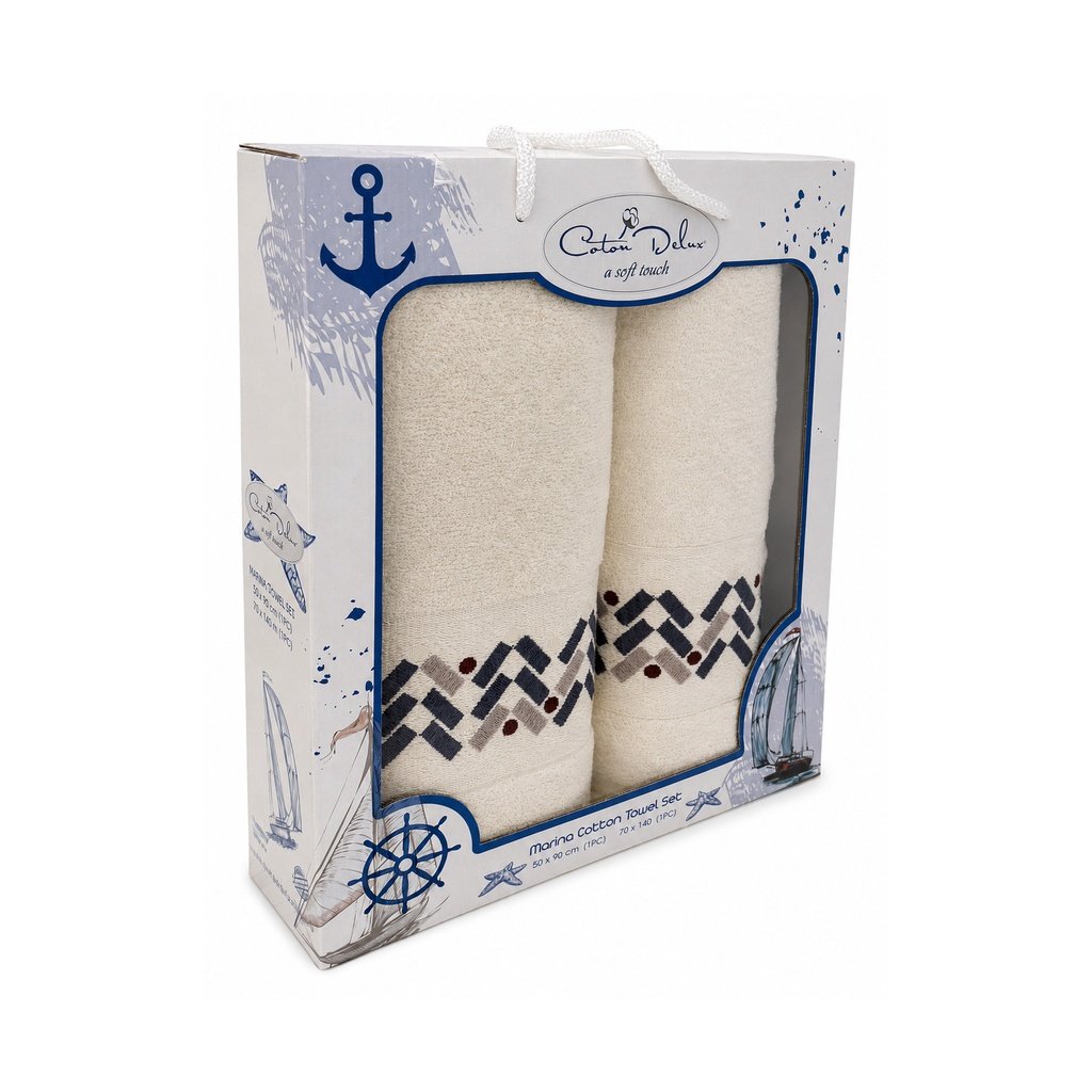 2'li Nakışlı Havlu Seti - 50x90/70x140 Krem