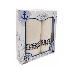 2'li Nakışlı Havlu Seti - 50x90/70x140 Krem