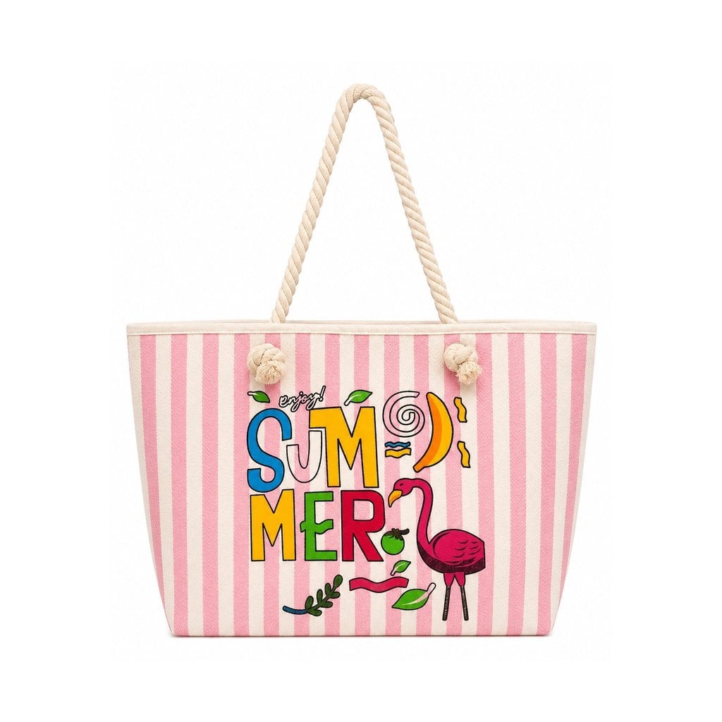 Summer Baskı Çizgili Plaj Çantası - 54x48