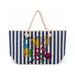 Summer Baskı Çizgili Plaj Çantası - 54x48 Mavi