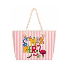Summer Baskı Çizgili Plaj Çantası - 54x48 Pembe