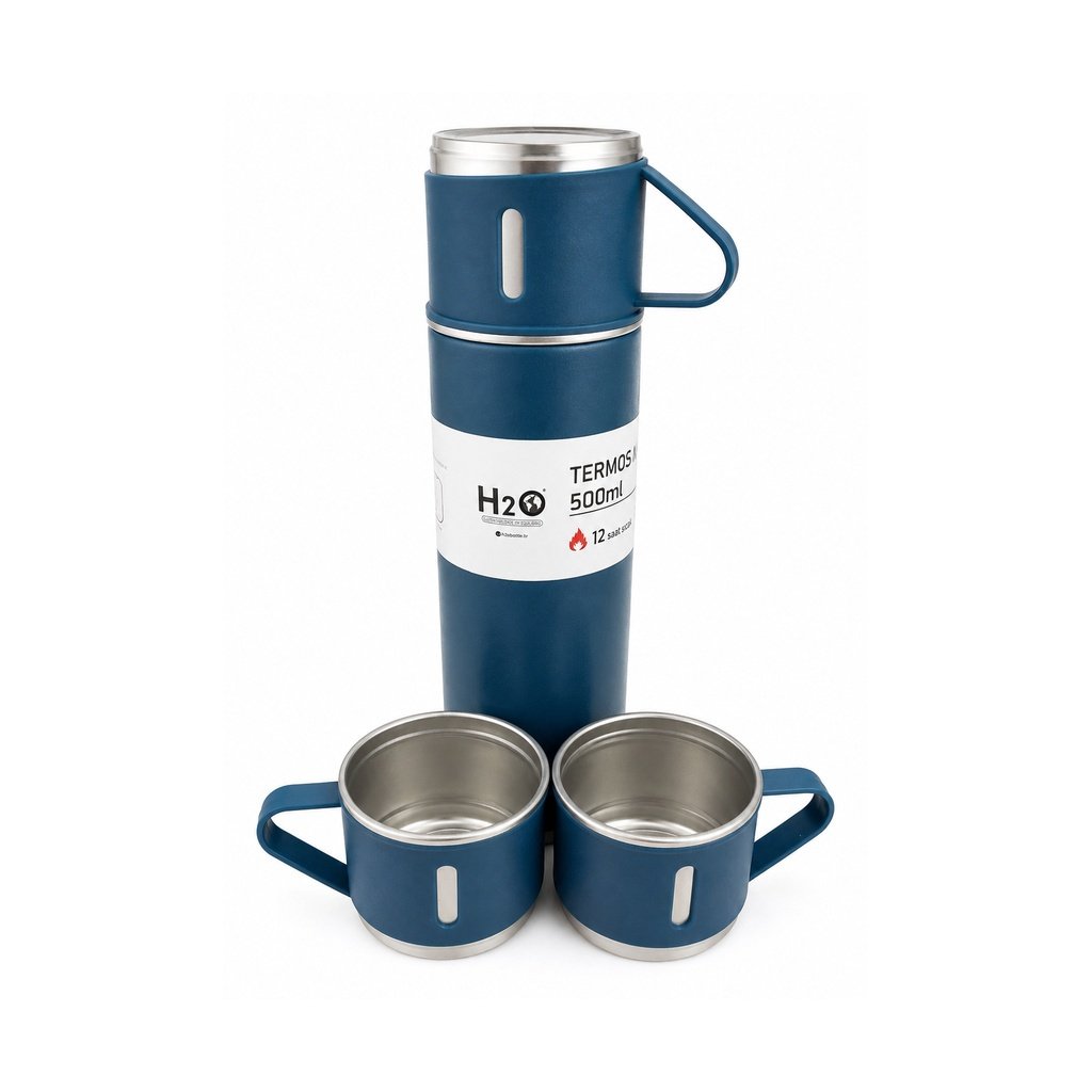 3 Fincanlı Çelik Termos - 0,5 L Lacivert