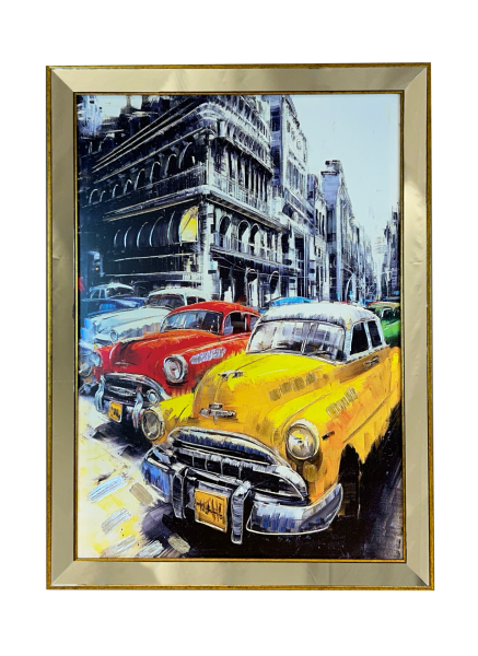 Ayna Çerçeveli Sarı-Kırmızı Klasik Arabalar Dikey Tablo 80x110 CM