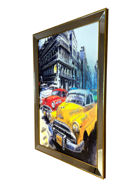 Ayna Çerçeveli Sarı-Kırmızı Klasik Arabalar Dikey Tablo 80x110 CM