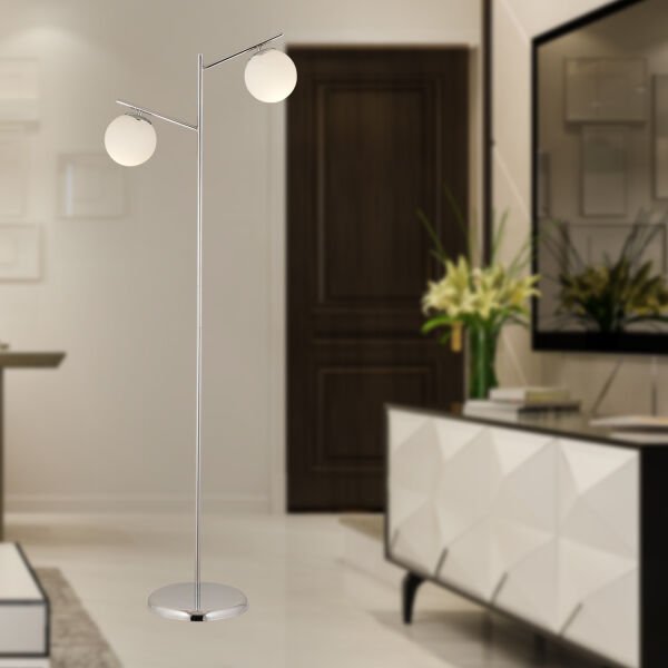 Renji 2li Krom Beyaz Camlı Modern Dekoratif Tasarım Oturma Odası-Salon Lambader