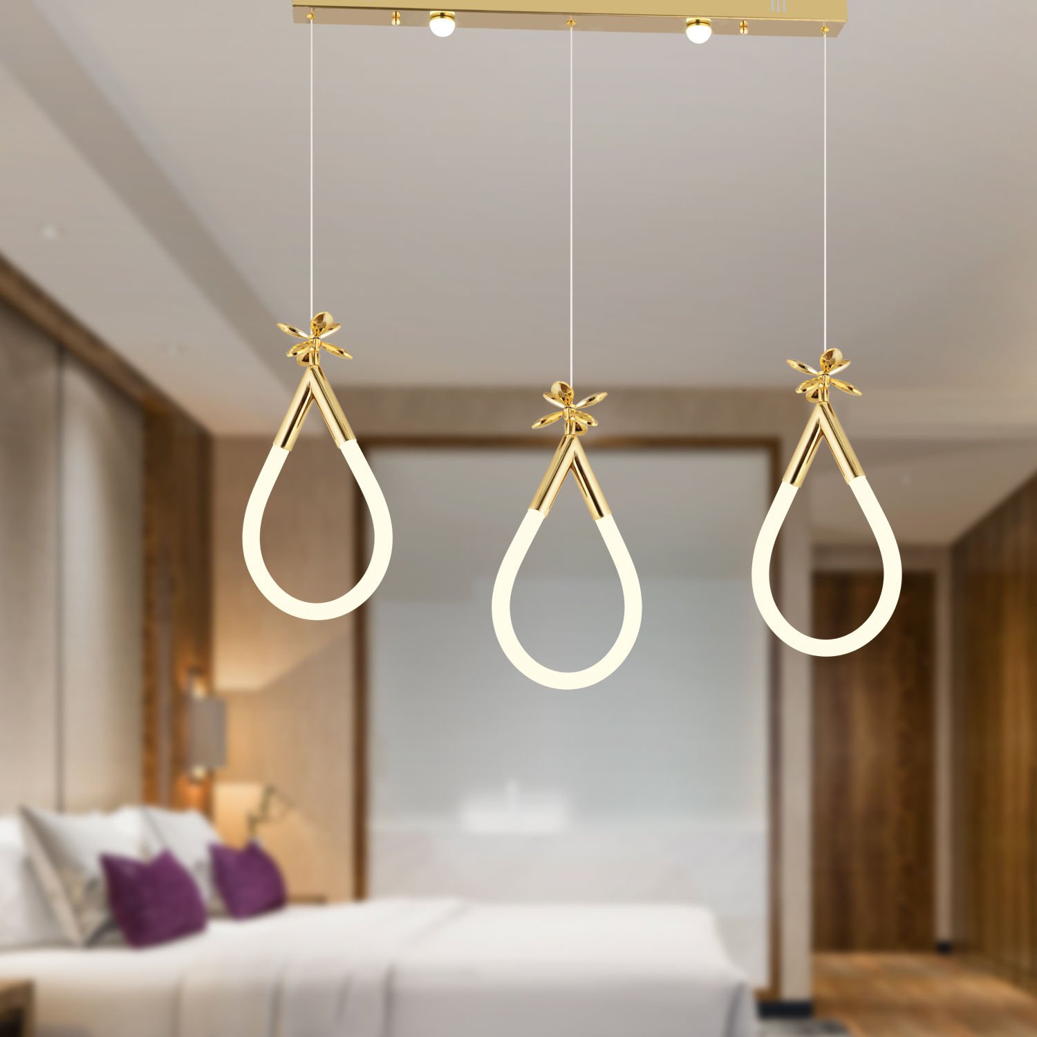 Vojens 3'lü Sıralı 39 Watt Gold Ledli Kelebek Detaylı Modern Koridor, Yatak Odası Salon Sarkıt Led Avize