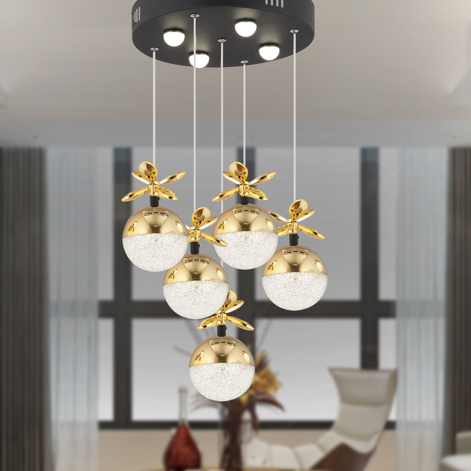 Lokken 5'li Yuvarlak 42 Watt Gold Kristal Ledli Modern Oturma Odası Salon Sarkıt Avize