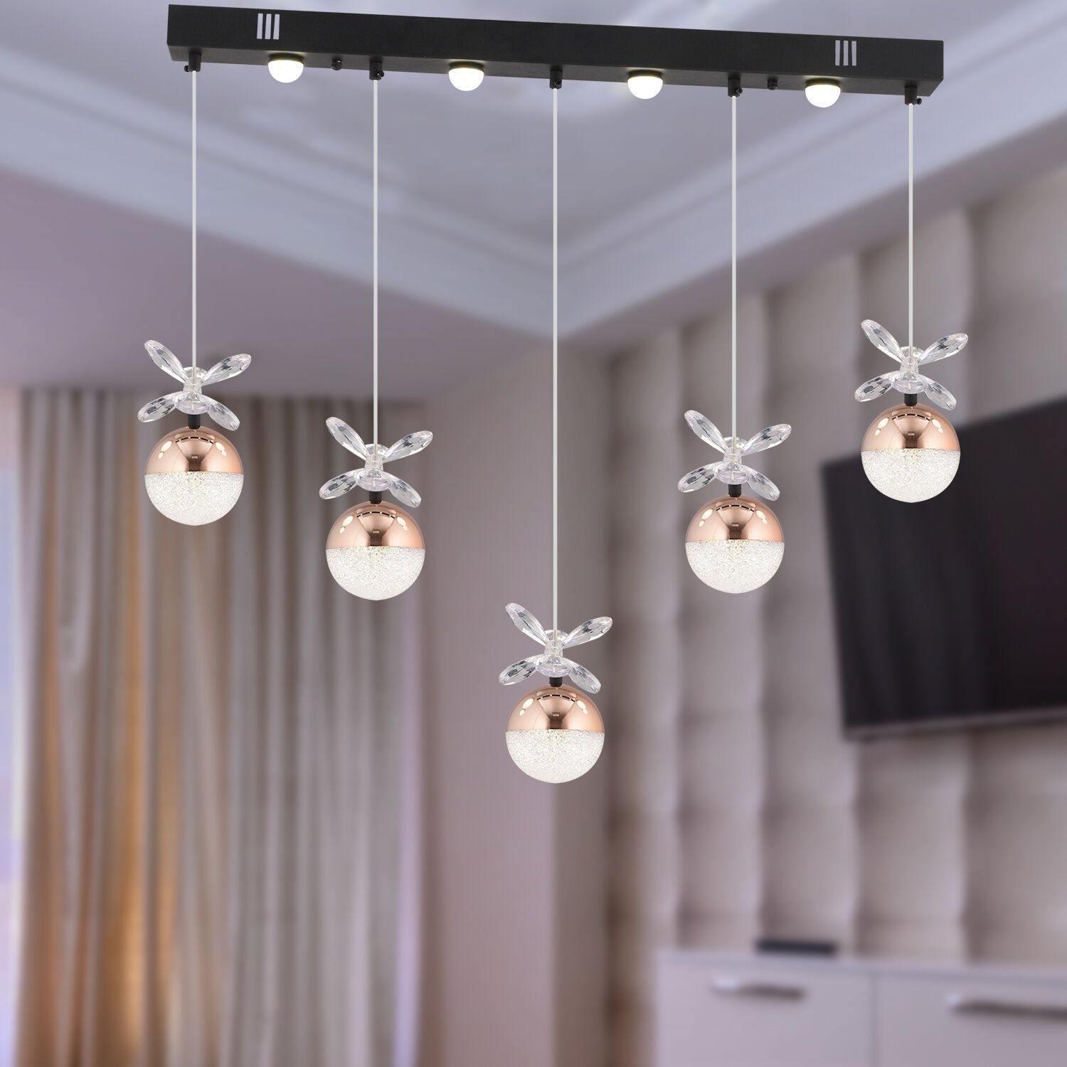 Lokken 5'li Sıralı Bakır 42 Watt Kristal Ledli Modern Oturma Odası Salon Sarkıt Avize