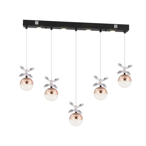 Lokken 5'li Sıralı Bakır 42 Watt Kristal Ledli Modern Oturma Odası Salon Sarkıt Avize