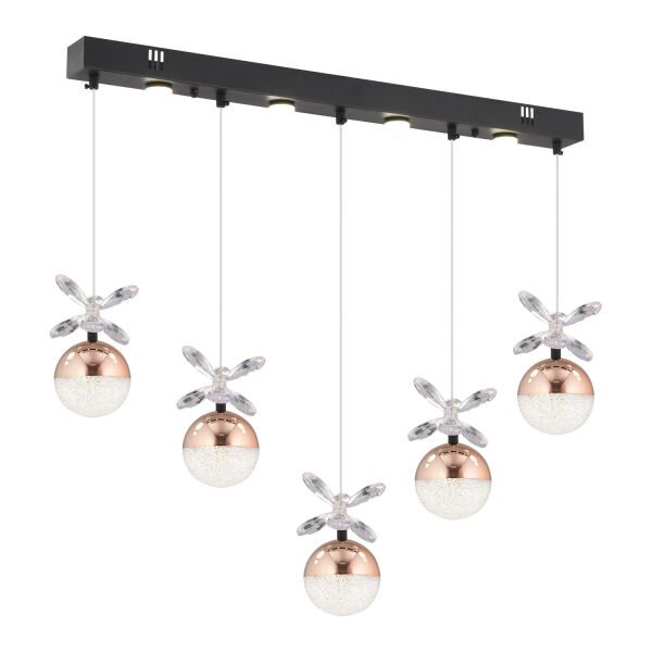 Lokken 5'li Sıralı Bakır 42 Watt Kristal Ledli Modern Oturma Odası Salon Sarkıt Avize