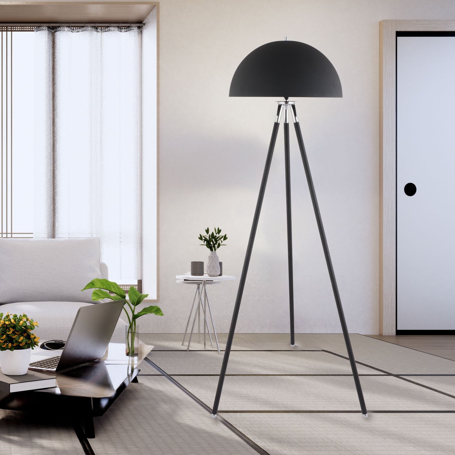 Grant Siyah Krom 3 Ayaklı Modern Tasarım Köşe Ofis, Salon Lambader