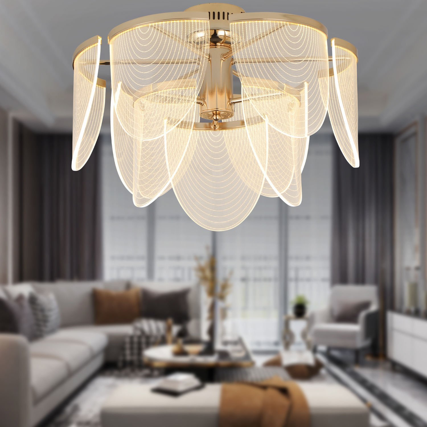 Janne 9 lu Gold Kaplama 28 Watt 3 Renkli Ledli Modern Tasarım Oturma Odası Salon Led Avize