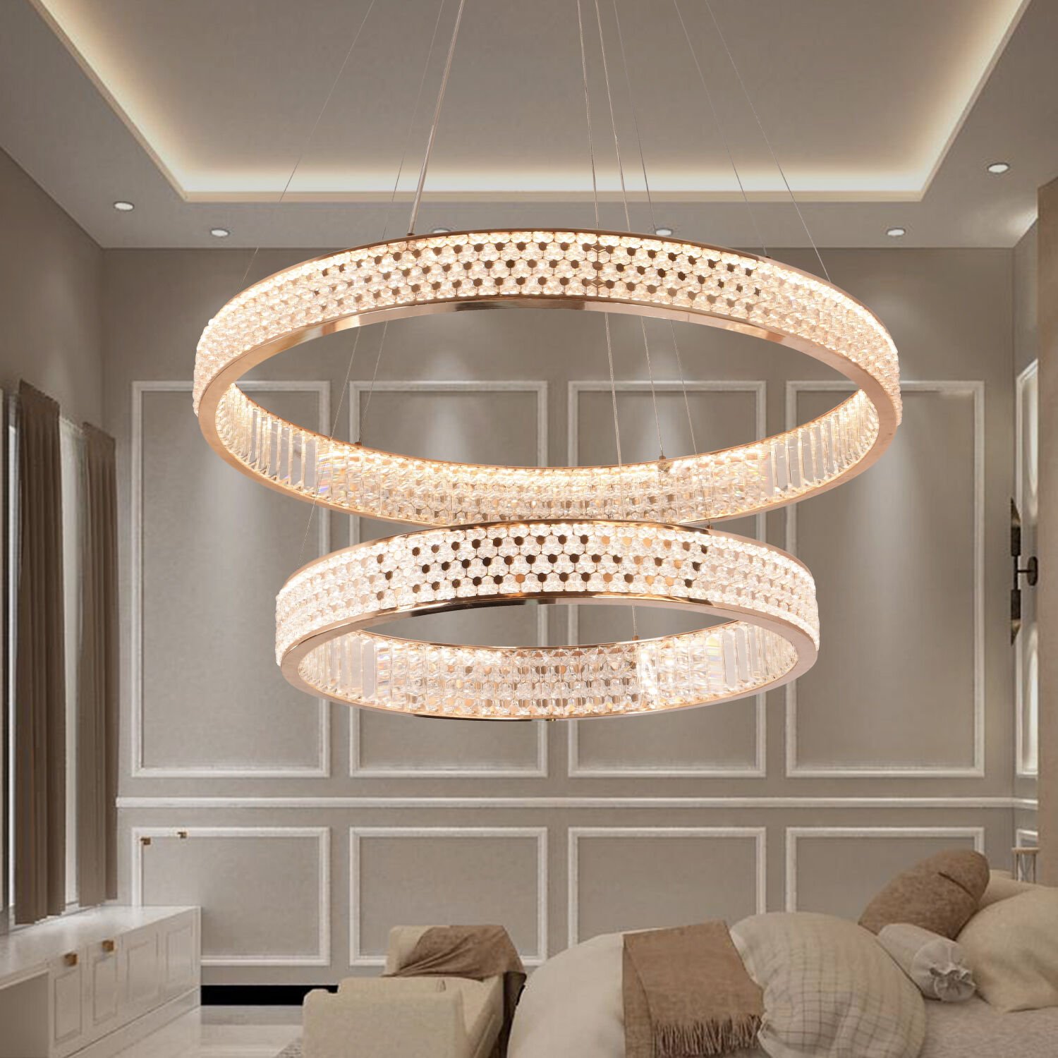 Yoko 2 Katlı Yuvarlak Gold Kaplamalı 112 Watt Led Sarkıt Modern Tasarım Mutfak Salon 3 Renk Ledli Avize