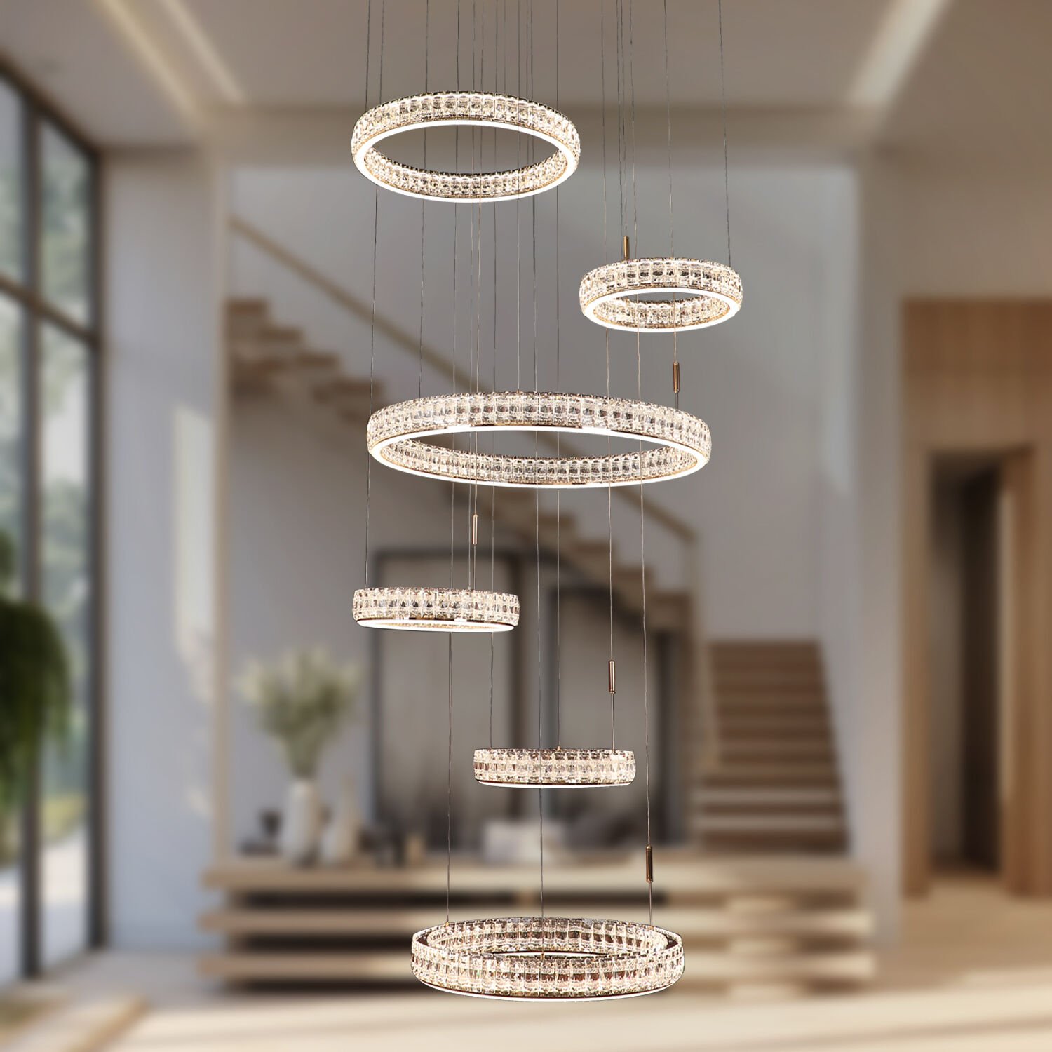 Ella Galeri Boşluğu Rose Gold Kaplamalı Yuvarlak 140 watt Led Sarkıt Salon 3 Renk Ledli Modern Tasarım Avize