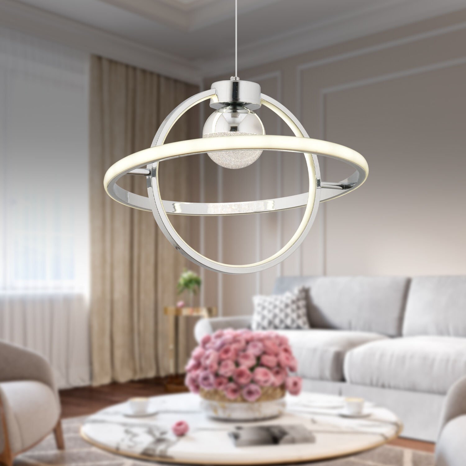 Holly Krom Kaplama 3 Renkli 26 Watt Ledli Modern Tasarım Oturma Odası,Genç Odası,Yatak Odası,Salon Sarkıt Led Avize