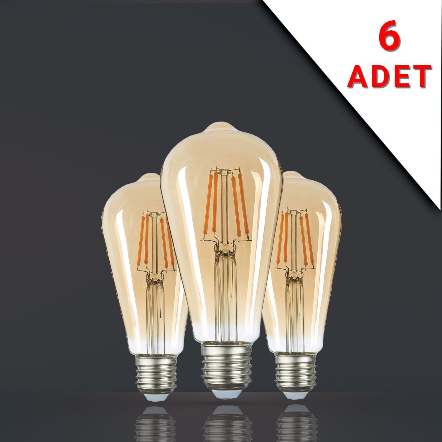 6 ADET LED FİLAMANLI E27 RUSTİK AMPUL 6 WATT 2500K GÜN IŞIĞI ST64