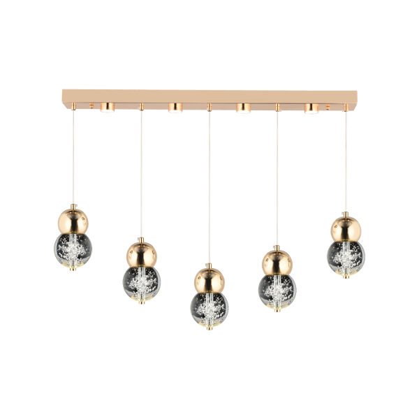 Sasha 5'li Sıralı 3 Renkli 57 Watt Gold Kristal Ledli Modern Oturma Odası Salon Sarkıt Avize