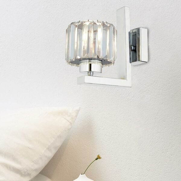 Ramo Krom Kaplama Kristal Taşlı Duvar Lambası Yatak Odası-Yatak Başı-Salon için Aplik