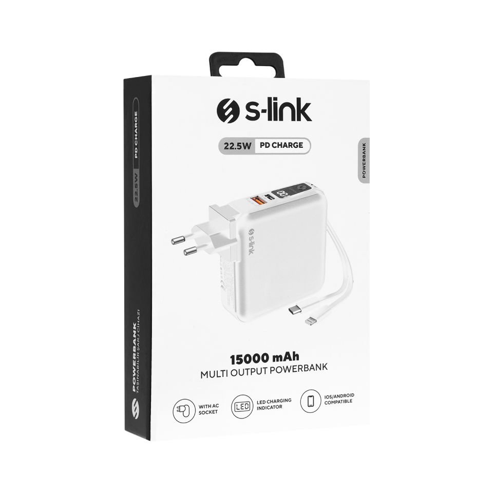 S-link G150 15000mAh Lightning+Type-C Kablolu Powerbank Siyah PD22.5W LCD AC Prizli  Pil Şarj Cihazı