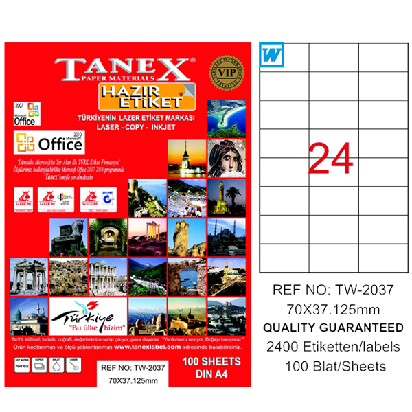 Tanex Laser Etiket 100 YP 70x37.125 Laser-Copy-Inkjet TW-2037